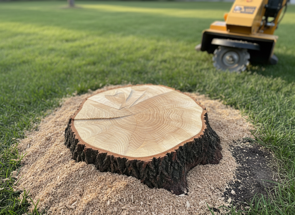 A thick tree trunk freshly cut near ground level shows the exposed stump with pale golden wood, distinct growth rings, and smooth, level grinding marks spiraling across the surface. Surrounding the stump, finely ground wood mulch blends naturally into the adjacent healthy green grass and a narrow strip of dark, moist soil. A professional-grade stump grinder is parked a short distance away, its cutting wheel clean and well-maintained, partially visible along the right edge of the frame. Soft late-morning sunlight creates gentle highlights on the wood grain and subtle shadows in the mulch texture. Captured in close-up photographic realism from a slightly elevated angle, with a shallow depth of field that keeps the stump in crisp focus, the mood is precise, thorough, and evidence of a job completed to a high standard.