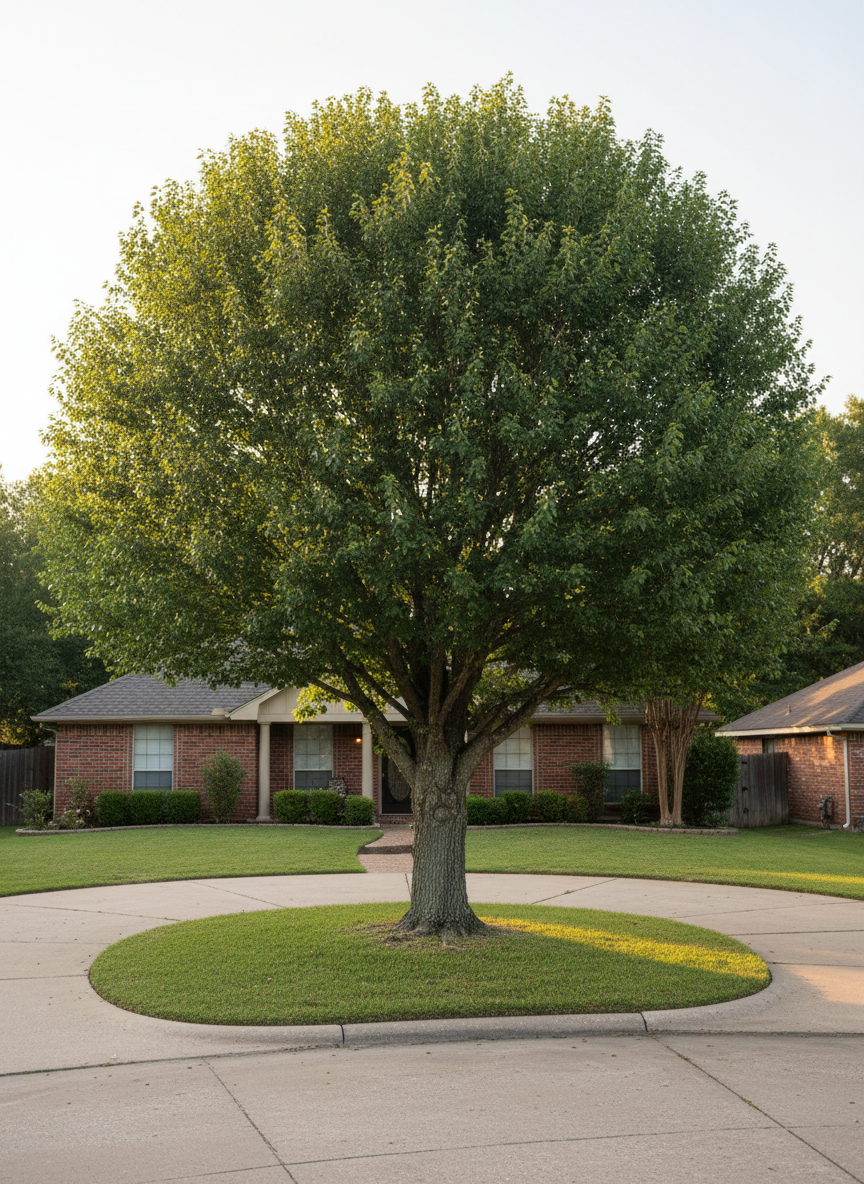 A towering mature oak tree with dense, healthy green foliage, expertly trimmed into a clean, balanced canopy, stands in the center of a well-kept suburban front yard in the Dallas-Fort Worth area. The trunk’s textured gray-brown bark appears robust and stable, with carefully pruned lower branches revealing a tidy lawn and a neatly edged concrete driveway beneath. Late afternoon golden sunlight filters through the leaves, creating dappled patterns on the grass and casting soft, reassuring shadows. Captured at eye level with photographic realism, the composition follows the rule of thirds, keeping the house subtly blurred in the background for context. The mood is professional, safe, and orderly, emphasizing expert tree care and a polished residential appearance.