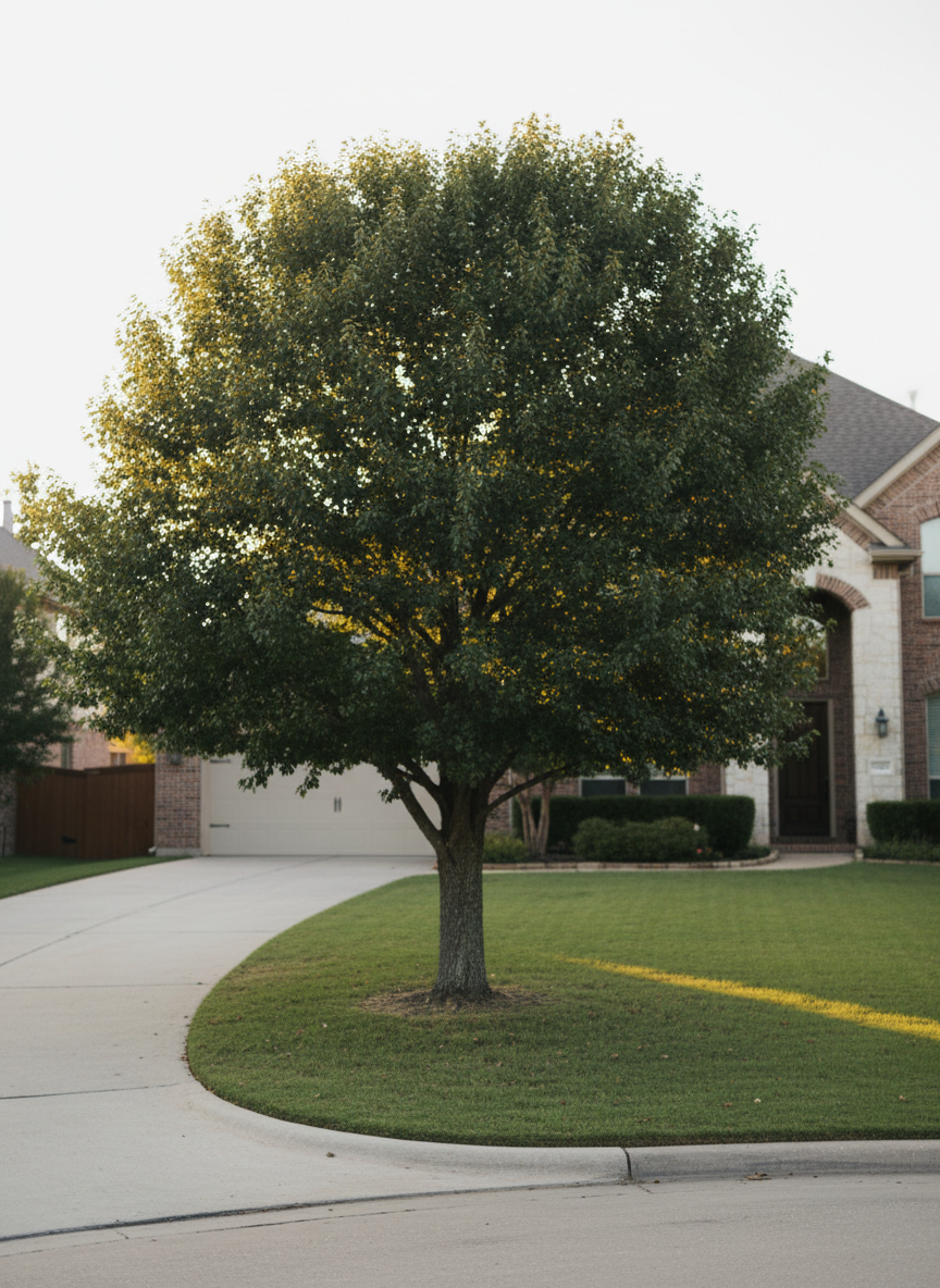 A towering mature oak tree with dense, healthy green foliage, expertly trimmed into a clean, balanced canopy, stands in the center of a well-kept suburban front yard in the Dallas-Fort Worth area. The trunk’s textured gray-brown bark appears robust and stable, with carefully pruned lower branches revealing a tidy lawn and a neatly edged concrete driveway beneath. Late afternoon golden sunlight filters through the leaves, creating dappled patterns on the grass and casting soft, reassuring shadows. Captured at eye level with photographic realism, the composition follows the rule of thirds, keeping the house subtly blurred in the background for context. The mood is professional, safe, and orderly, emphasizing expert tree care and a polished residential appearance.