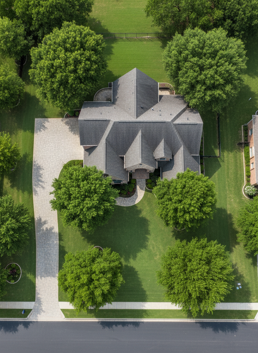 A precise aerial view of a spacious North Texas residential property showcases multiple mature trees with perfectly trimmed canopies, evenly spaced around a stone-and-brick home and manicured lawn. The crowns of live oaks, pecans, and elms appear symmetrical and free of deadwood, with bright, healthy green tones contrasting against the clean gray of the driveway and dark asphalt street. Soft, diffused midday sunlight creates minimal harsh shadows, allowing every branch structure to be clearly visible. Photographic realism emphasizes the geometric patterns of sidewalks, flower beds, and fences. The composition has sharp focus throughout, highlighting how professional tree care enhances curb appeal and property value, with a calm, organized, and trustworthy atmosphere suitable for a premium tree service brand.