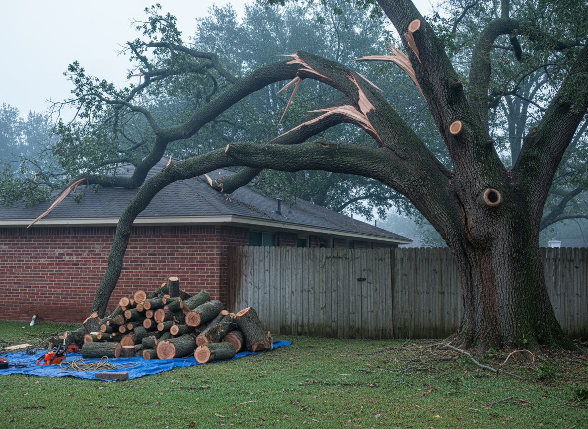 A massive, weather-damaged tree with several cracked and hanging limbs leans precariously over the corner of a brick home and adjacent wooden privacy fence in a DFW backyard. The jagged fracture points in the branches and the strain along the rough-textured trunk are rendered in meticulous photographic detail. Cut sections of branches are neatly stacked off to the side, showing work already underway, while the remaining hazard is clearly defined yet contained. Early-morning overcast light produces a cool, even illumination, highlighting textures without harsh shadows. Captured at eye level with a wide field of view and sharp focus throughout, the composition includes the roofline, fence, and parts of the lawn for context. The mood balances urgency with control, emphasizing expert risk assessment and careful, damage-avoiding removal.