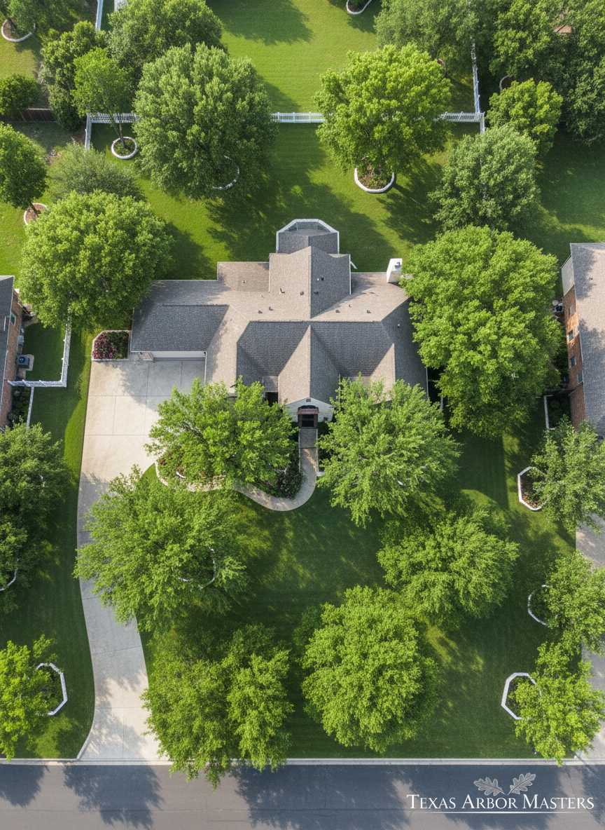 A precise aerial view of a spacious North Texas residential property showcases multiple mature trees with perfectly trimmed canopies, evenly spaced around a stone-and-brick home and manicured lawn. The crowns of live oaks, pecans, and elms appear symmetrical and free of deadwood, with bright, healthy green tones contrasting against the clean gray of the driveway and dark asphalt street. Soft, diffused midday sunlight creates minimal harsh shadows, allowing every branch structure to be clearly visible. Photographic realism emphasizes the geometric patterns of sidewalks, flower beds, and fences. The composition has sharp focus throughout, highlighting how professional tree care enhances curb appeal and property value, with a calm, organized, and trustworthy atmosphere suitable for a premium tree service brand.