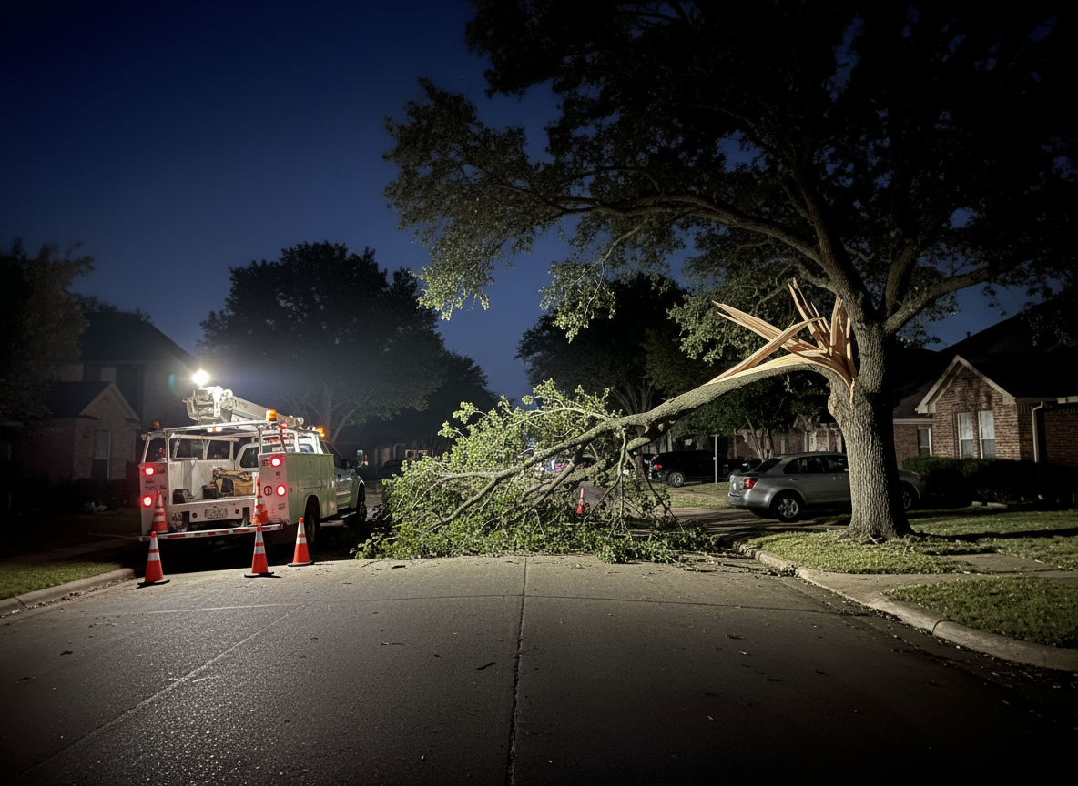 A dramatic nighttime scene shows a large broken tree limb resting across a quiet residential street in the Dallas-Fort Worth metroplex, with splintered wood and scattered leaves clearly visible. Powerful, focused work lights mounted on a nearby service truck illuminate the fallen branch and the trunk it broke from, casting sharp, controlled beams that carve through the darkness and create strong contrasts. Surrounding houses and parked vehicles remain in soft shadow, hinting at a sleeping neighborhood. The sky is deep navy with no visible stars, emphasizing the urgency of the situation. Shot at a slightly elevated angle in photographic realism, the composition keeps the obstructed roadway central, while reflective safety markings on cones and equipment subtly glint in the light. The atmosphere is serious yet controlled, underscoring 24/7 emergency storm response and professional readiness.
