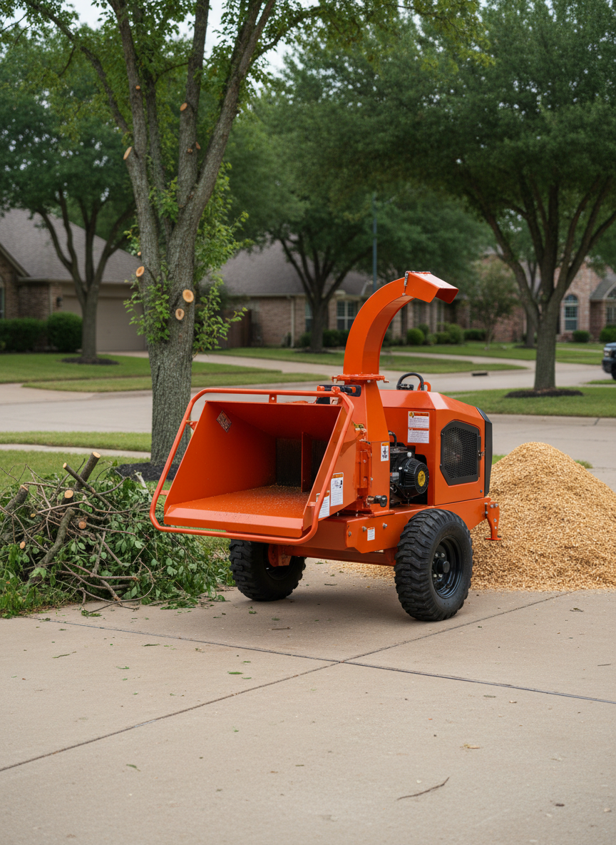A powerful, modern wood chipper with fresh safety decals and clean, scuff-free paint sits on a concrete driveway beside a tidy pile of freshly cut tree branches, leaves, and brush in a Dallas-Fort Worth neighborhood. The machine’s heavy steel housing, bright safety-orange color, and rugged black tires are rendered with crisp photographic detail, while finely shredded wood chips accumulate in a neat mound behind it. The surrounding yard shows trimmed trees with clean pruning cuts and no debris left scattered. Overcast daylight provides soft, even lighting, reducing glare and emphasizing the professionalism and cleanliness of the work site. Shot from a slightly low angle with moderate depth of field, the image conveys strength, reliability, and meticulous workmanship in a clean, modern style.