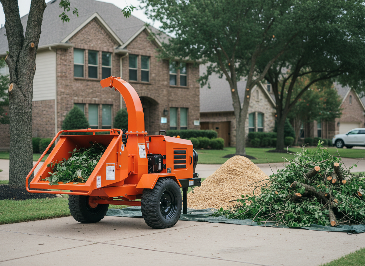 A powerful, modern wood chipper with fresh safety decals and clean, scuff-free paint sits on a concrete driveway beside a tidy pile of freshly cut tree branches, leaves, and brush in a Dallas-Fort Worth neighborhood. The machine’s heavy steel housing, bright safety-orange color, and rugged black tires are rendered with crisp photographic detail, while finely shredded wood chips accumulate in a neat mound behind it. The surrounding yard shows trimmed trees with clean pruning cuts and no debris left scattered. Overcast daylight provides soft, even lighting, reducing glare and emphasizing the professionalism and cleanliness of the work site. Shot from a slightly low angle with moderate depth of field, the image conveys strength, reliability, and meticulous workmanship in a clean, modern style.