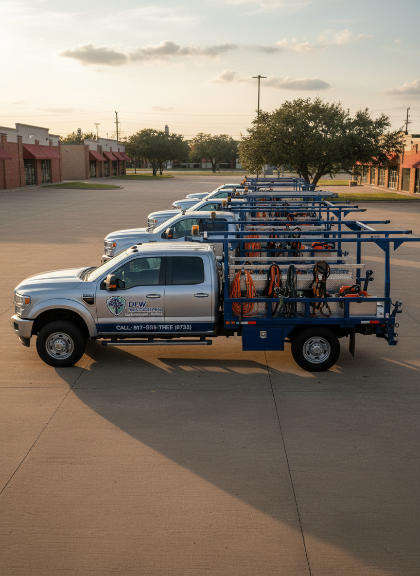A row of clean, well-maintained tree service trucks and trailers is aligned diagonally across a small commercial lot in the Dallas-Fort Worth area, each vehicle sporting consistent blue-and-silver branding, legible contact information, and secure equipment racks. Chainsaws, pole saws, rigging ropes, and climbing gear are neatly arranged on the trailers, with no clutter or loose materials. The freshly swept asphalt lot reflects a bit of soft late-afternoon sunlight, which casts long, gentle shadows that add depth without distraction. Photographic realism captures every reflective surface and textured detail of tires, metal, and painted logos. Shot from a slightly elevated three-quarter angle, the composition emphasizes organization, scale, and professionalism, conveying that this is a licensed, insured, and fully equipped tree care operation ready for any residential or commercial project.